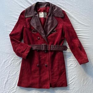 1970s Montgomery Ward Crimson Red Suede and Burgundy Leather Jacket